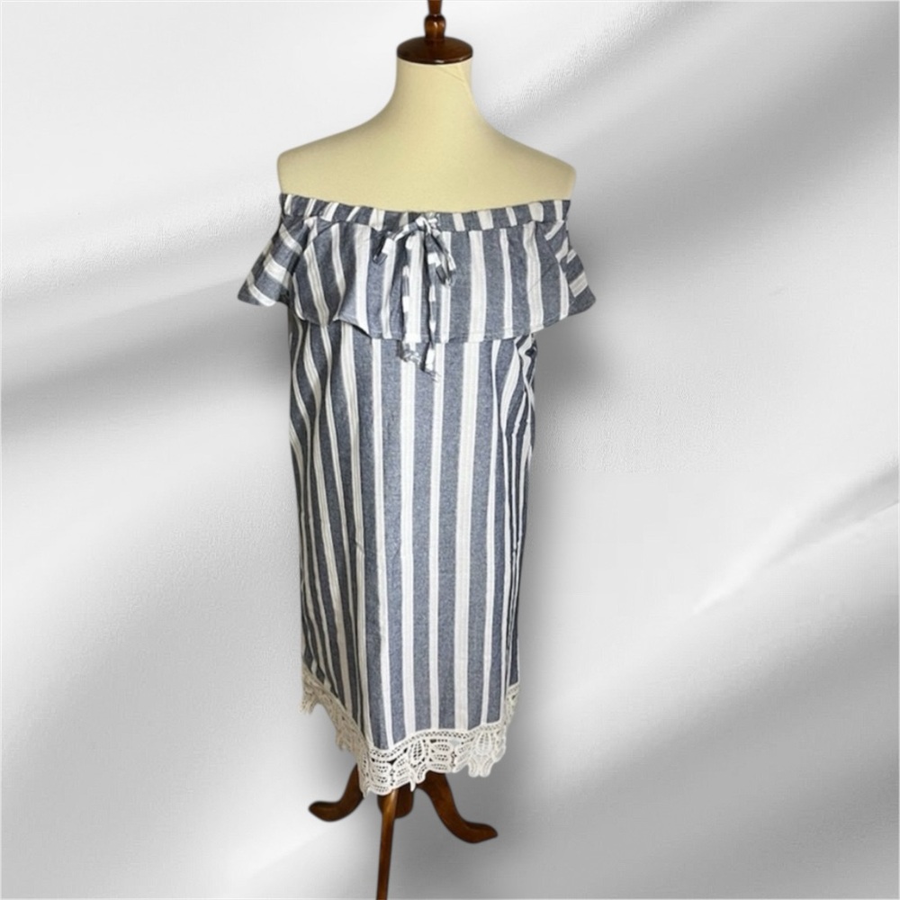 Striped Off-Shoulder Dress with Lace Hem